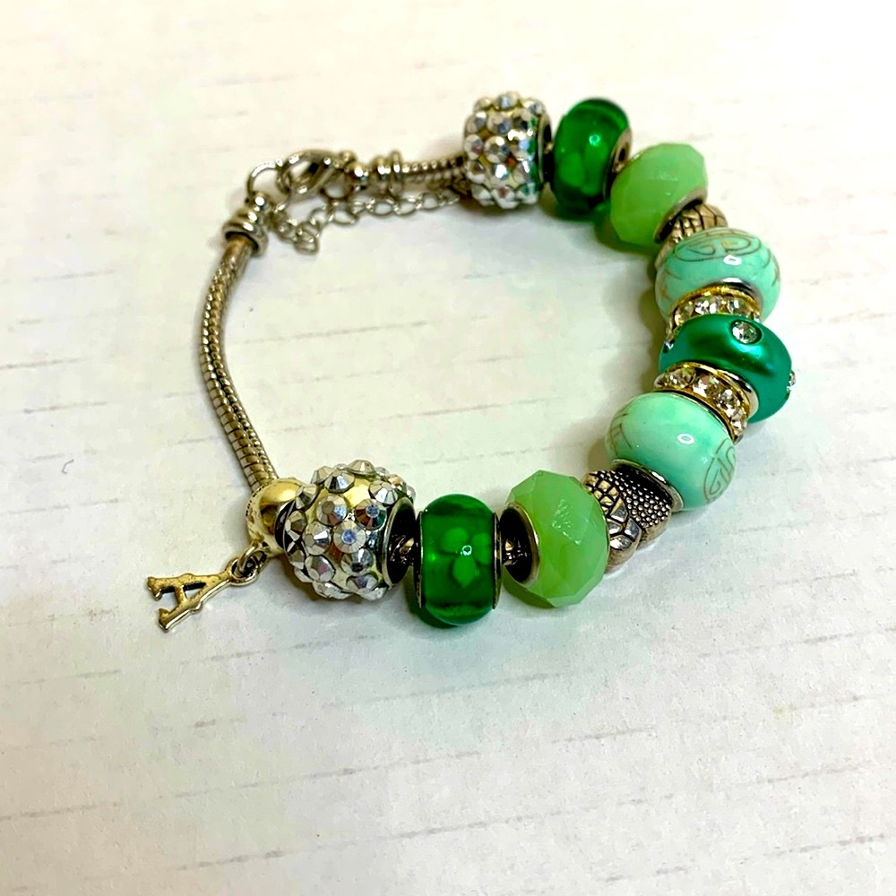 Silver Charm Bracelet | Green Jewels Chinese Writing Charms Hearts Letter A